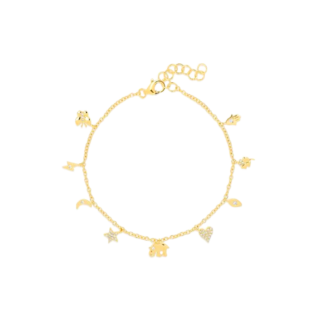 Gold Charm Bracelet with Pave and Bezel Diamonds
