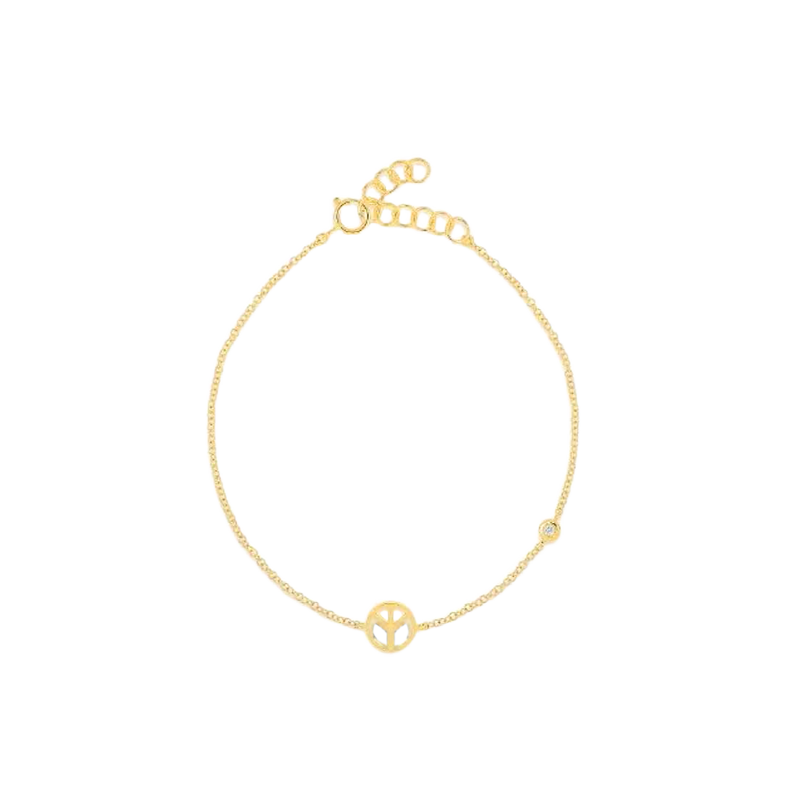 Gold Peace Sign Bracelet with Bezel Diamond