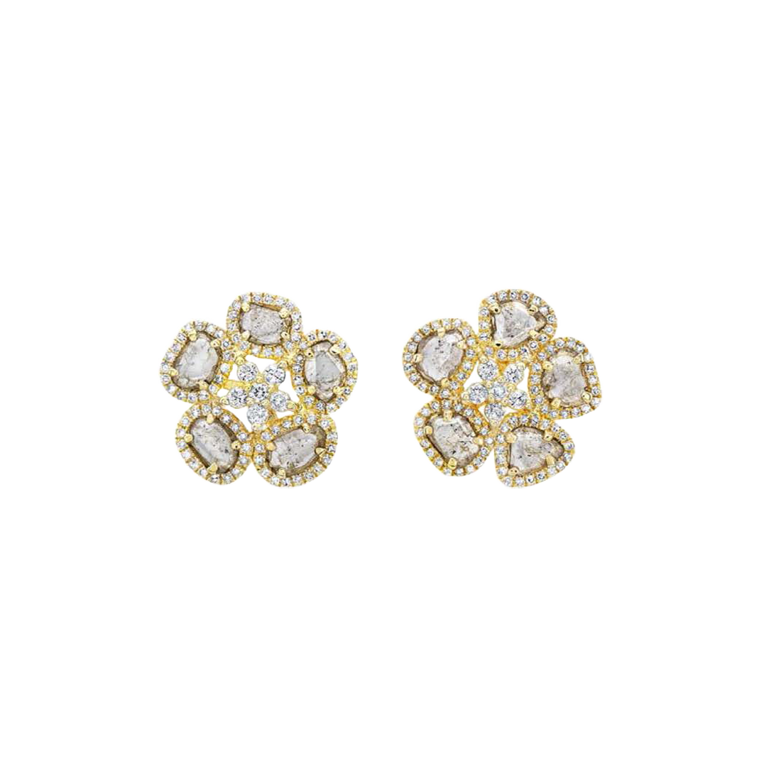 Gold Diamond Slice Flower Earrings with Diamonds