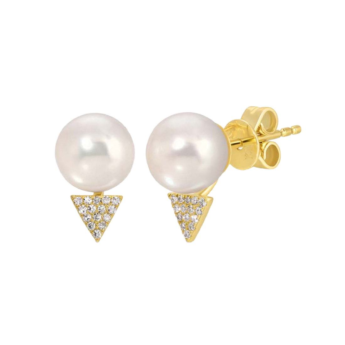 Gold Pearl Earrings with Pave Triangle Diamonds