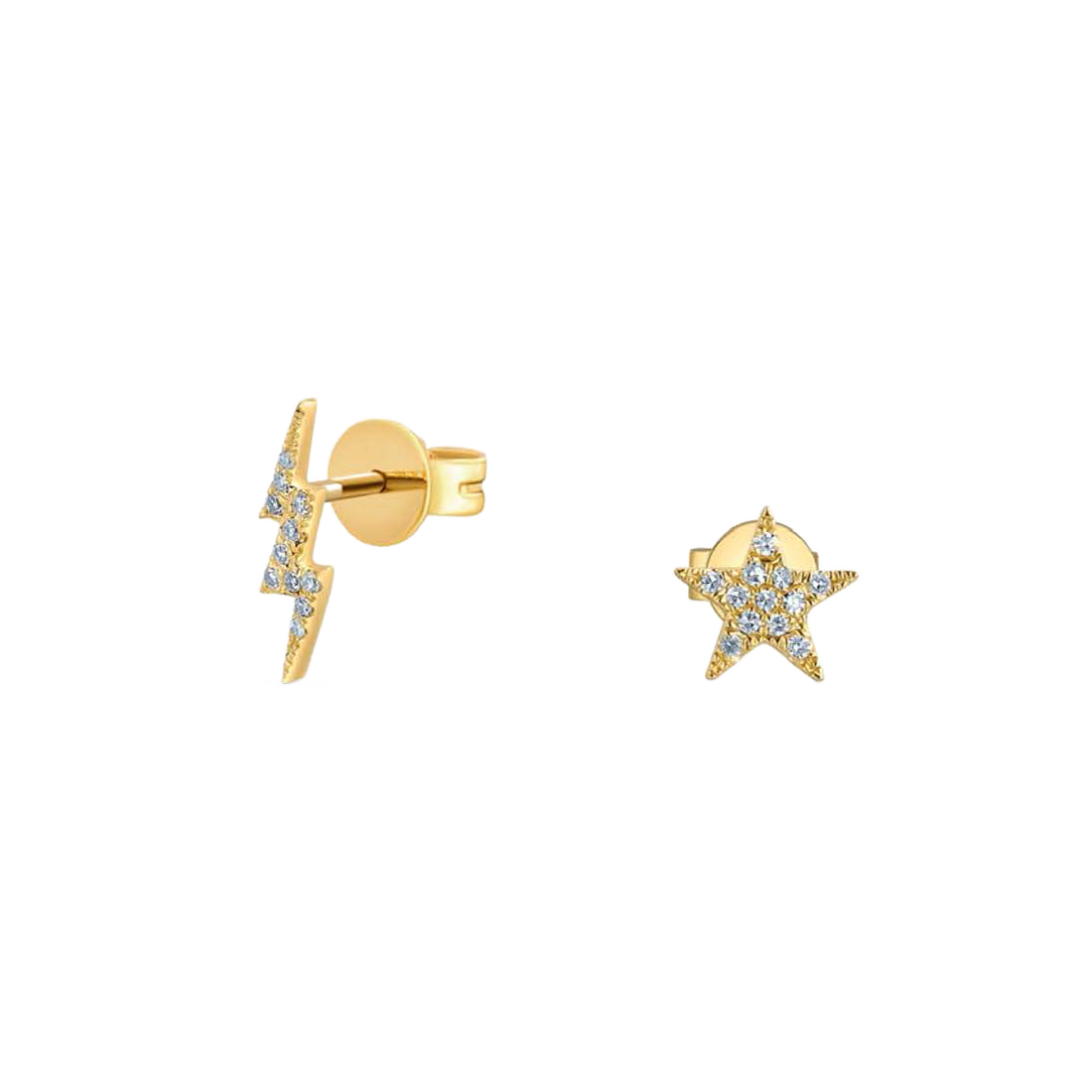 Gold Lightning Bolt & Star Mismatch Earrings with Diamonds