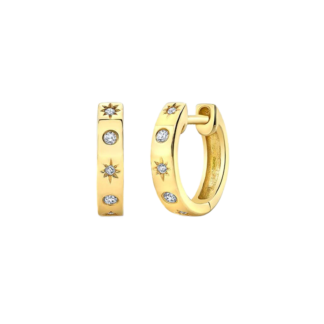 Gold and Diamond Star Huggie Earrings