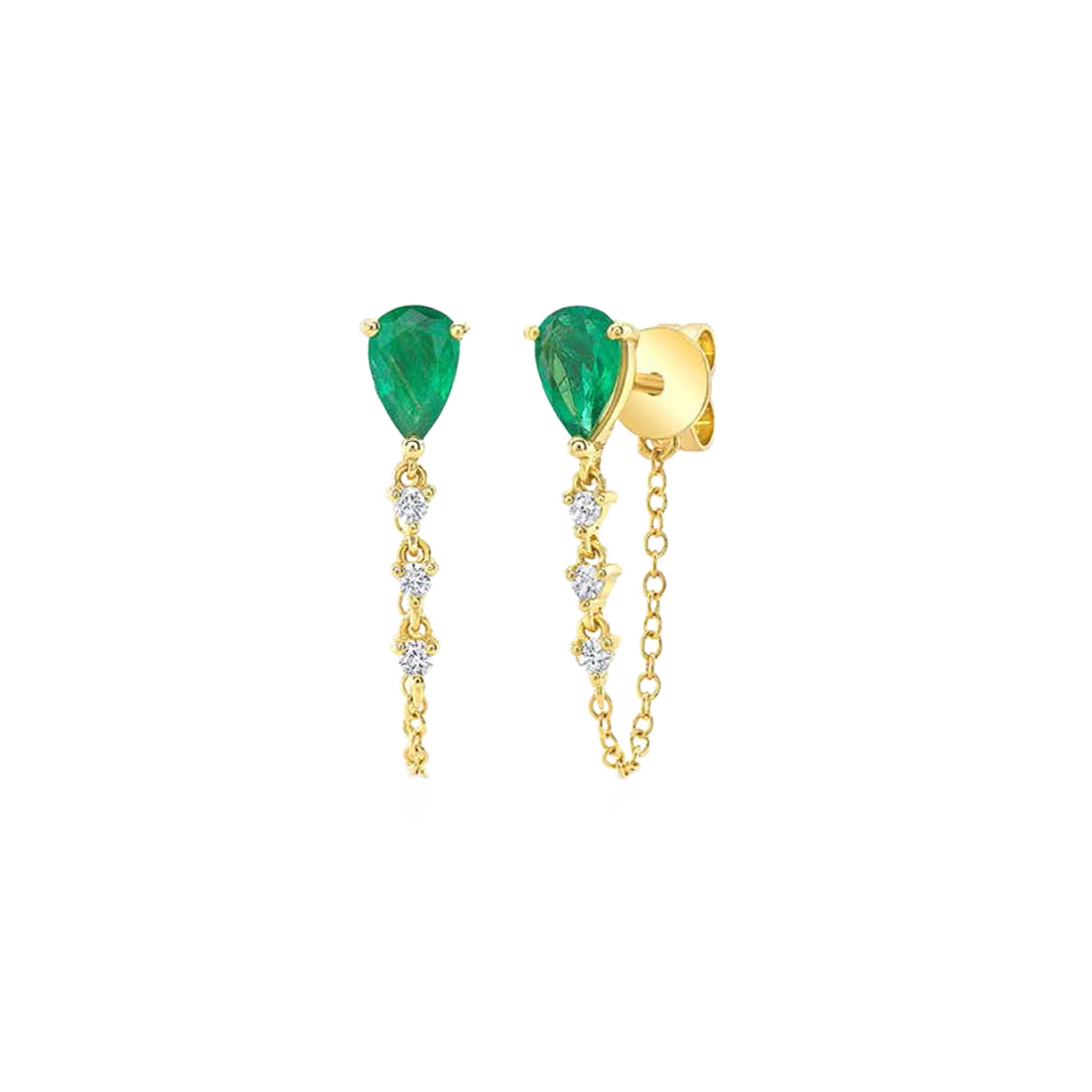 Gold Chain Earrings with Bezel-Set Diamonds and Opal Green Stone