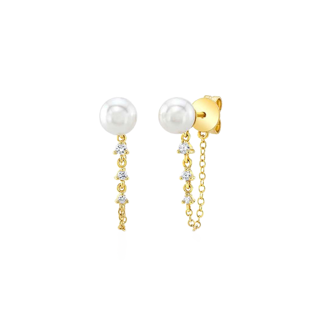 Gold Pearl Earrings with Bezel Diamonds