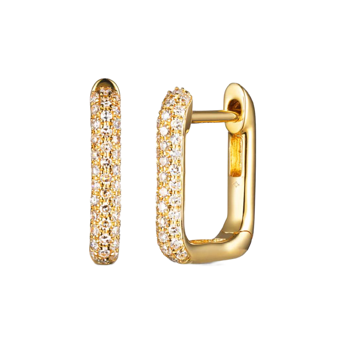 Gold Plated Rectangular Cubic Hoop Earrings with Diamonds