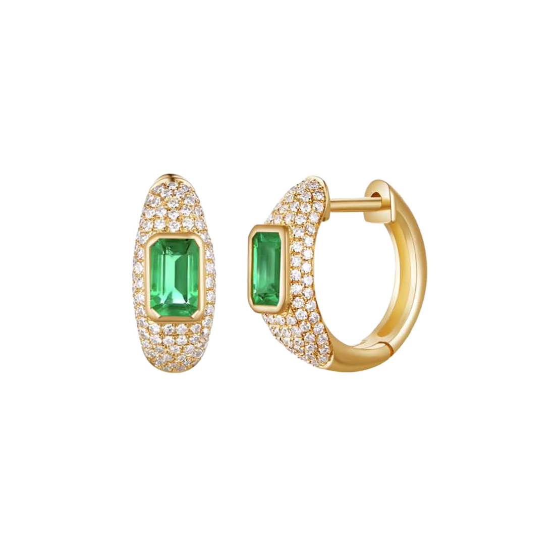 Emerald and Diamond Glam Huggie Hoop Gold Earrings