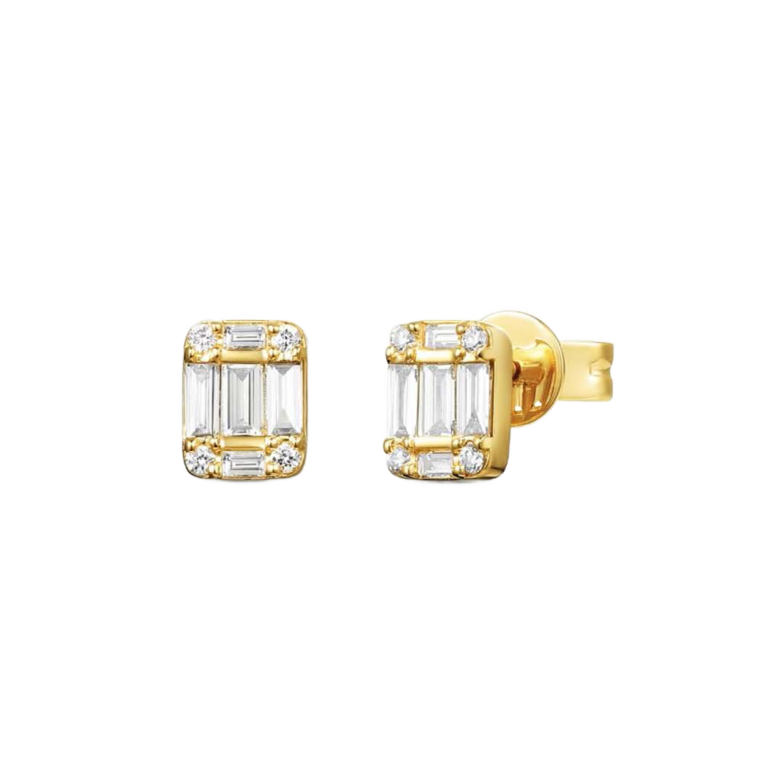 Baguette and Round Diamond Gold Earrings