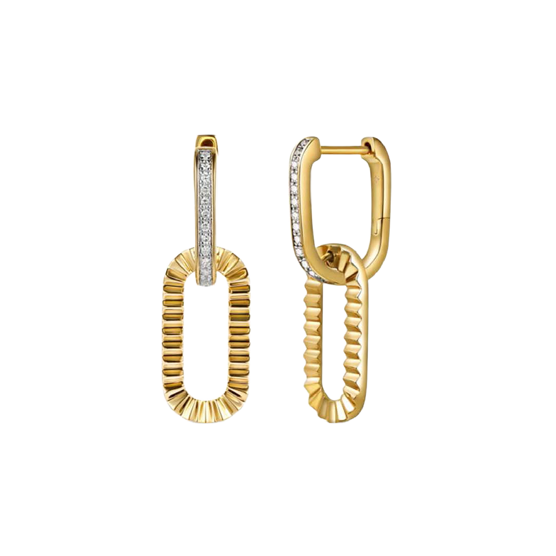 Fluted and Diamond Link Gold Earrings