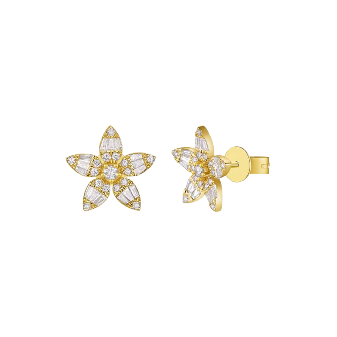 Gold Earrings with Baguette Diamond Flower Petals