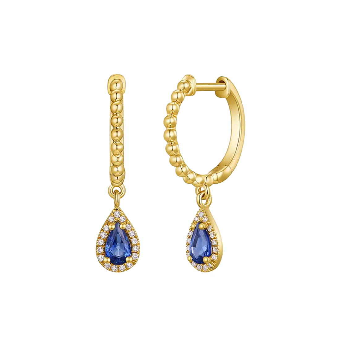 Gold Pear Blue Sapphire Diamond Dangle Teardrop Earrings