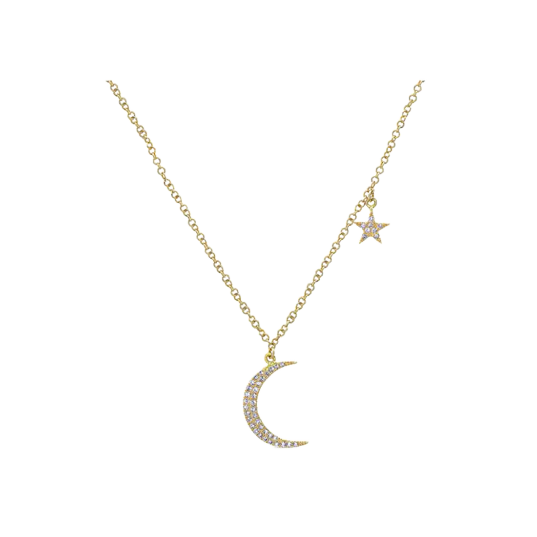 Gold Necklace with Diamond Moon and Star Design