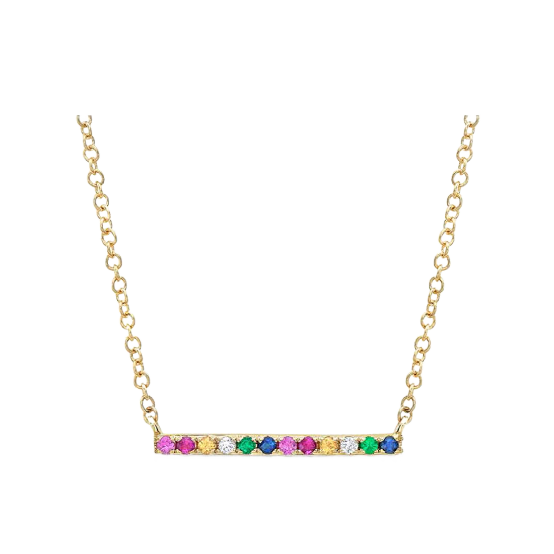 Gold Necklace with Rainbow Bezel Diamond Bar