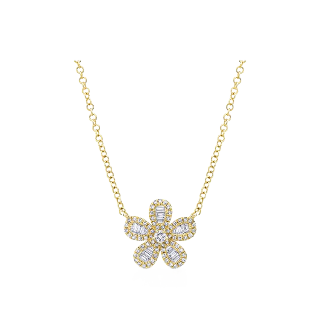 Gold Necklace with Pave Baguette Flower Diamonds