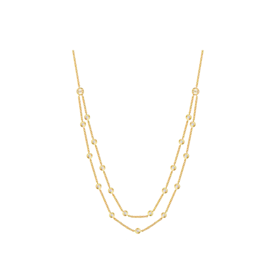 Gold Double Strand Necklace with Bezel Diamonds
