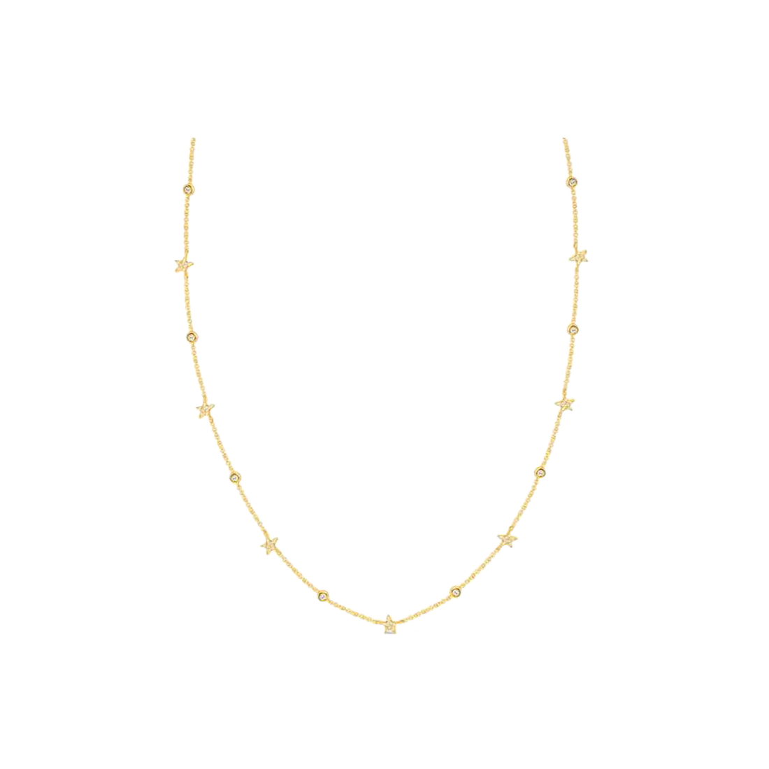 Gold Necklace with Pave Stars and Bezel Diamonds