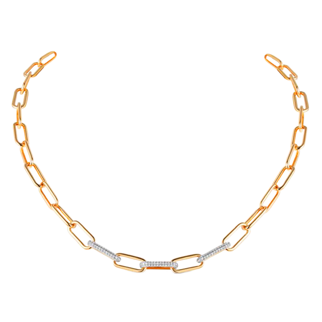 Gold Necklace with Three Diamonds and Pave Chain Link