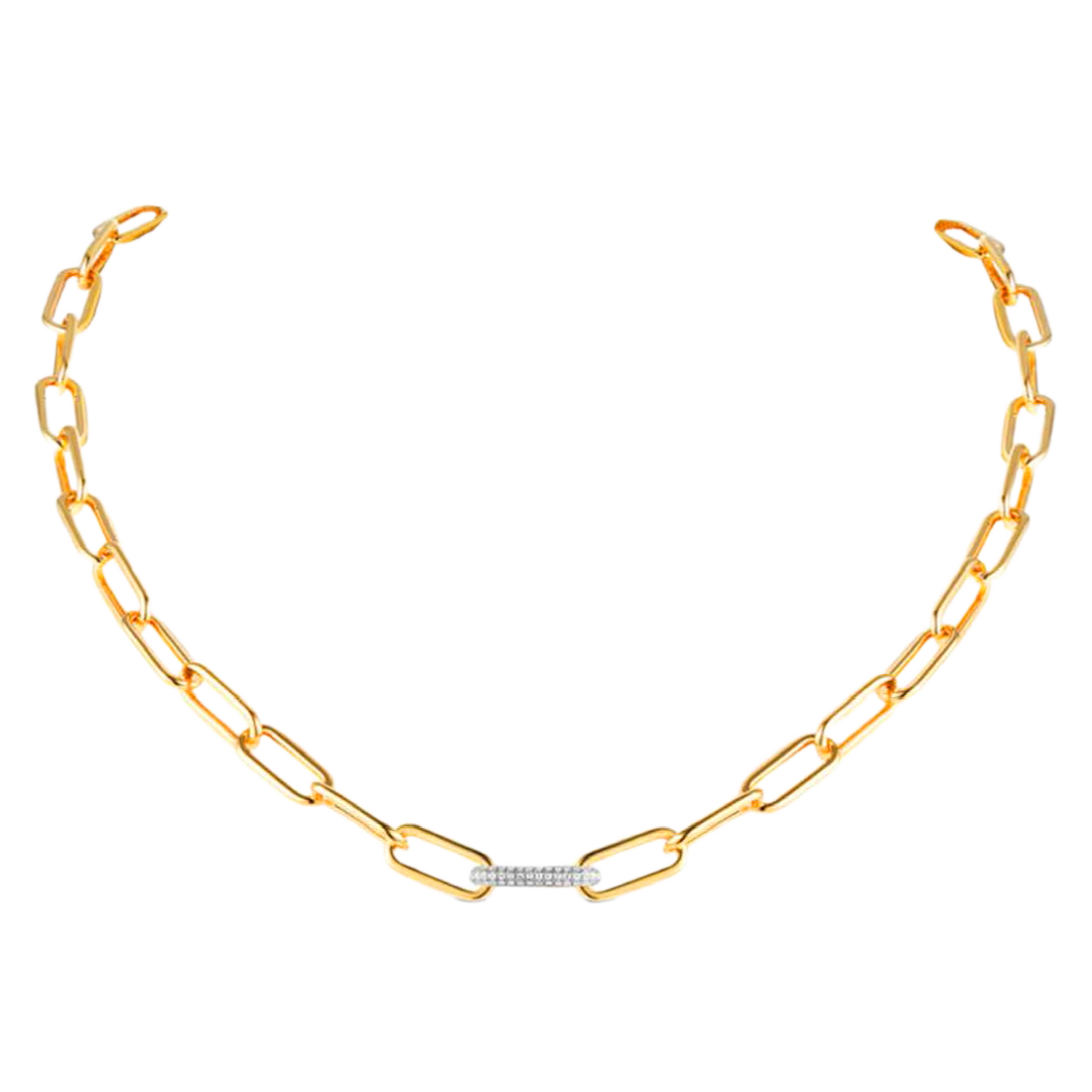 Gold Link Necklace with Center Diamond-Encrusted Link