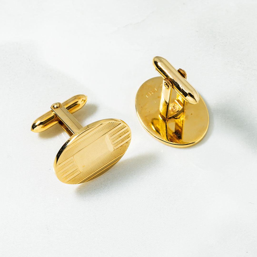 14K Solid Yellow Gold Mens Oval Cufflinks