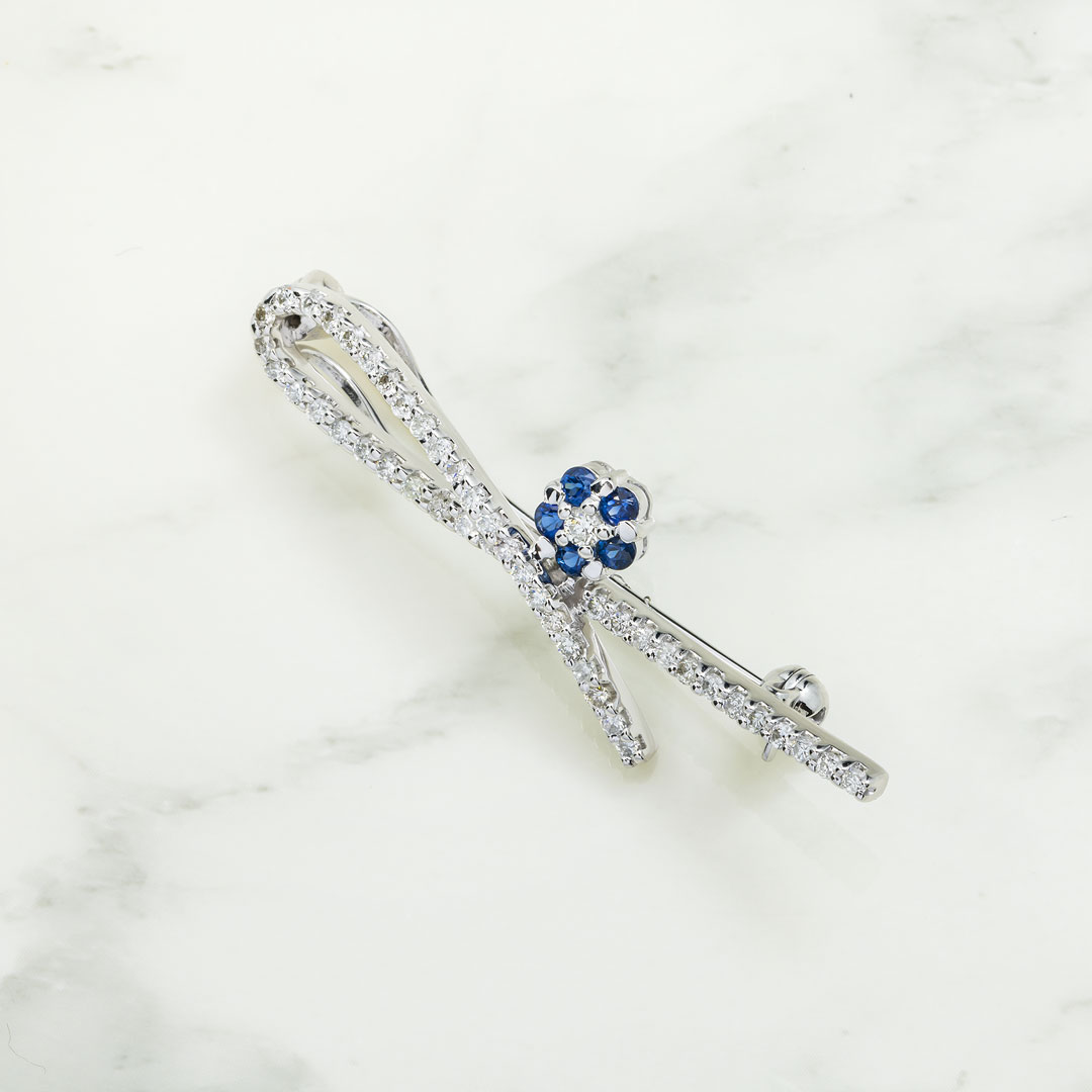 14k White Gold Diamond and Sapphire Pin