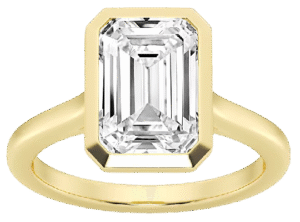 emerald cut diamond in bezel style yellow gold engagement ring
